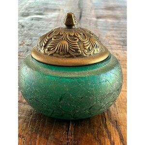 Vintage Silvestri Blown Crackle Green Glass Lidded Dish W/ Ornate Brass  toned L